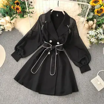 

Free Shipping Sexy Dress Temperament Suit Collar Chiffon Bubble Sleeve Sweet Solid Color Elegant Dress Closed Waist Vestidos