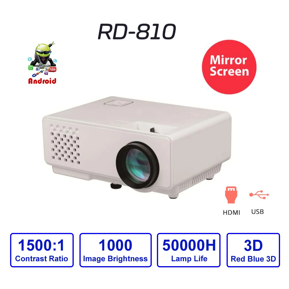 

Android Mini Projector RD-810 WIFI Same screen HDMI-Compatible 1000 Lumens HD Portable LED Video Beamer Game Home 3D Movie USB