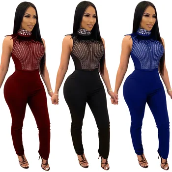 

Jumpsuit Women Sleeveless Stand Collar Rhinestone Mesh Perspective Romper Sexy Slim Fit Bodysuit Party Night Club Jumpsuits 2020