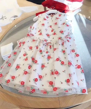 

2020 summer new girl's little red floral chiffon pleated sleeveless vest dress holiday dress