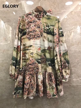 

100%Cotton Dress 2020 Autumn Designer Fashion Women Stand Neck Tunic Print Bow Deco Long Sleeve Straight Casual Dress Above Knee