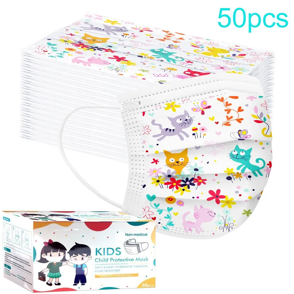 50pcs Disposable Children's Face Mask Cartoon Kitty Pattern Print Mouth Outdoor Safety Protective Masque #M2G | Красота и