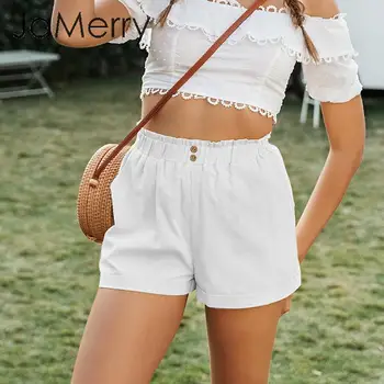 

JaMerry casual buttons summer women cotton shorts High waist female hot shorts Solid white soft ladies holiday streetwear shorts