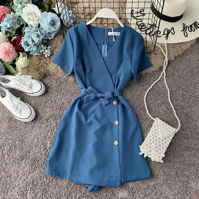 V-neck Beach Playsuits Women Vintage With Belt High Waist Wide-legged Shorts Pants Slim Holiday Jumpsuits