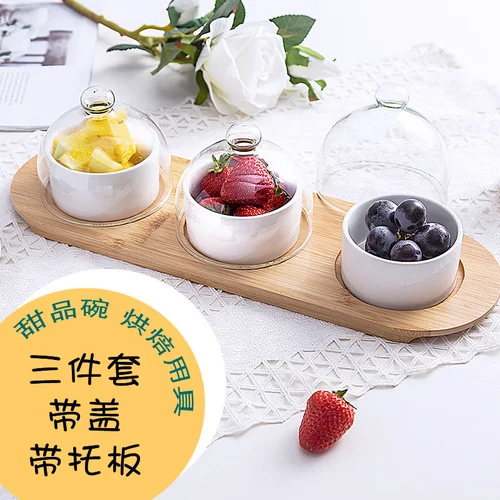 Ceramic fruit plate platter dessert table display stand glass cover dried fruit plate snack plate cake baking dessert bowl - Цвет: 3pcs