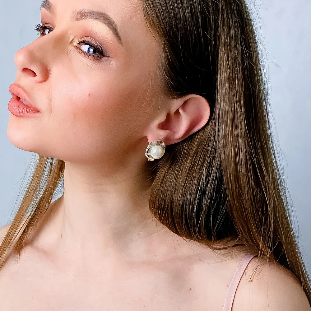 Pretty Elegant 2 Tone color Large Stud Earrings Jewellery Pearl Jewelry Big Gold color Leaf earring for Women