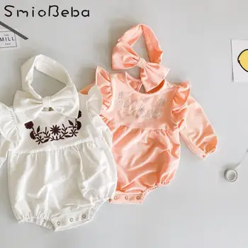 

2020 Autumn Cute Baby Girl Embroidered Lovely Bodysuit with Headband Long Sleeve Romper Baby Cotton Jumpsuit Creeper Hair Band