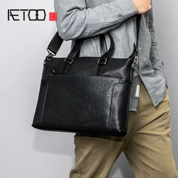 

AETOO Men's briefcase, leather cross-head leather bag, business one-shoulder slant edgy bag, casual handbag