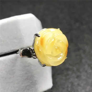 

16x15mm Top Natural Yellow Amber Ring For Woman Lady Man Flower Carved Crystal Beads Silver Stone Adjustable Ring Jewelry AAAAA