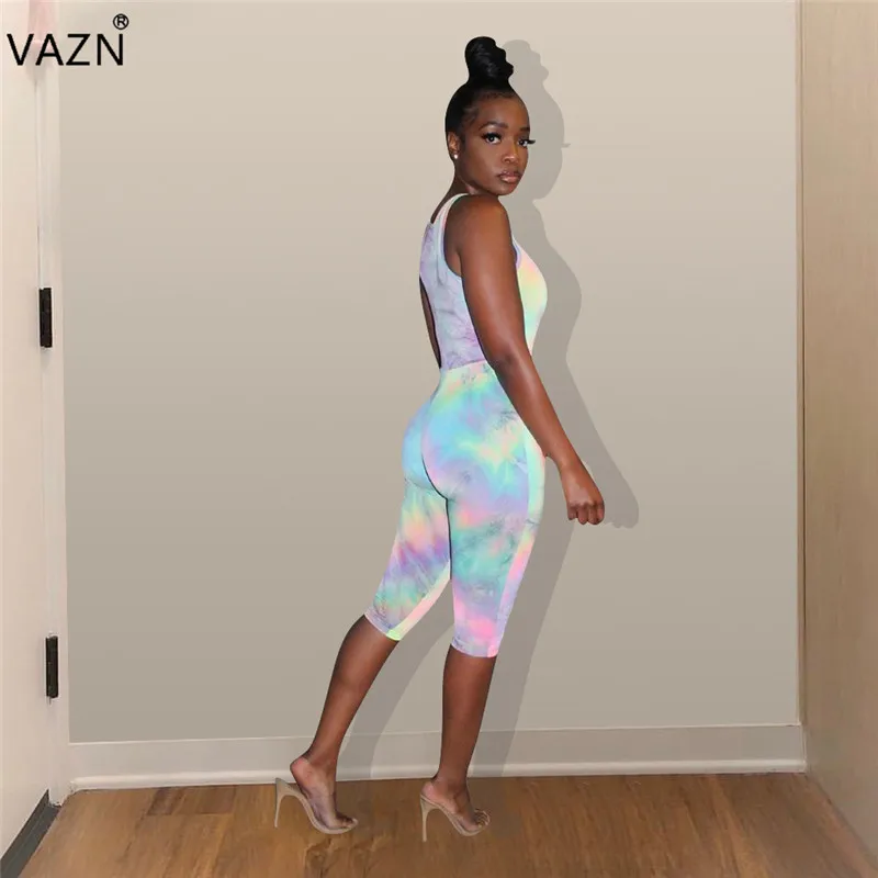 VAZN QM3821, новинка,, спортивные костюмы со шнуровкой, популярные, сексуальные, для зрелых, модные, с круглым вырезом, с рукавом-бабочкой, женские эластичные комбинезоны до колена
