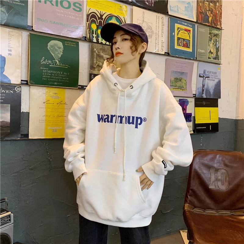 Новая женская хлопковая толстовка с капюшоном и буквенным принтом Harajuku, бархатная Толстая теплая осенне-зимняя Повседневная Толстовка для девочек, утепленное пальто