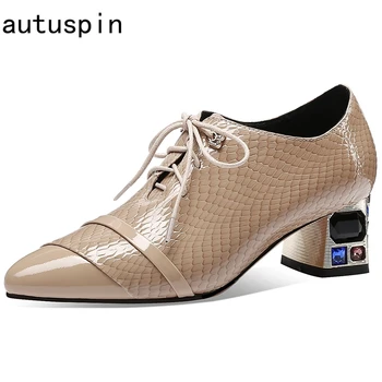 

autuspin Concise Pointed Toe Women Pumps 2020 Autumn Crystal Heeled Shoes for Ladies Cow Patent Leather Party Prom Office Shoes