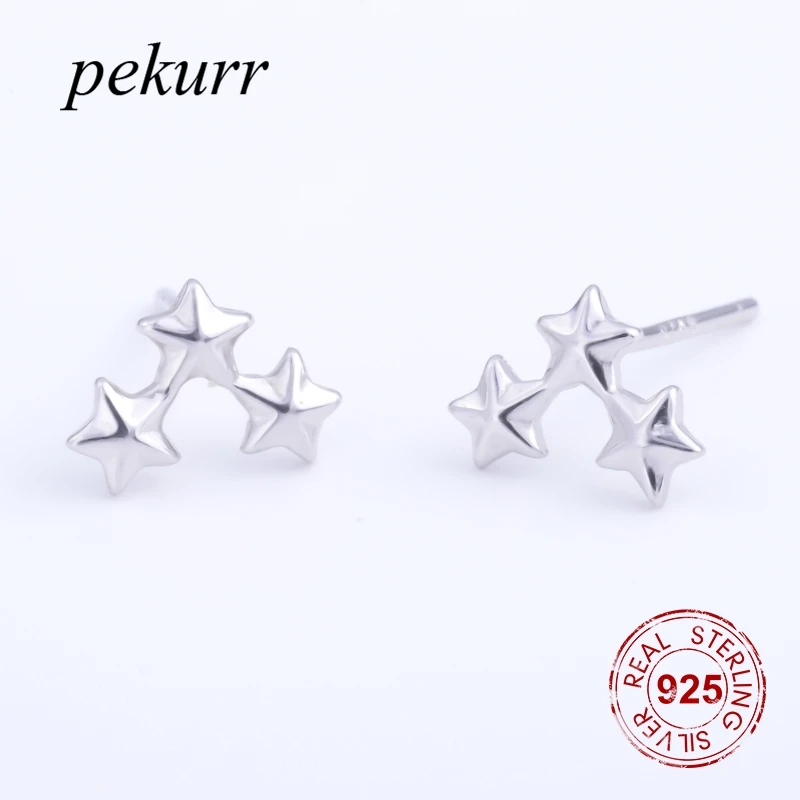 Pekurr три звезды 100% 925 пробы серебряные женские серьги-гвоздики модные ювелирные