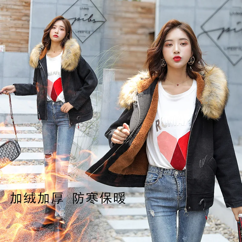 

Plus Velvet Jeans Coat Women's 2019 Spring Clothing Autumn & Winter New Style Short Hooded Large Fur Collar Cotton-padded Clothe