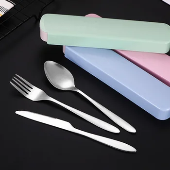 

4Pcs Reusable Dinnerware Set Stainless Steel Tableware Chopsticks Fork Spoon Cutlery Kit Portable Camping Travel Outdoor Cutlery