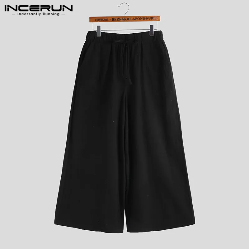 INCERUN Men's Wide Leg Pants New Fashion Summer Solid Color Elastic Waist Loose Strap Cotton Casual Street Men's Trousers