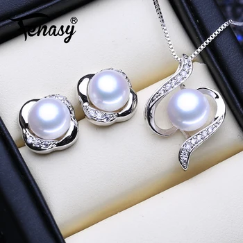 

FENASY 925 Sterling Silver Jewelry Sets Natural Pearl Stud Earrings Custom Bohemian Pendant Chain Necklace For Women
