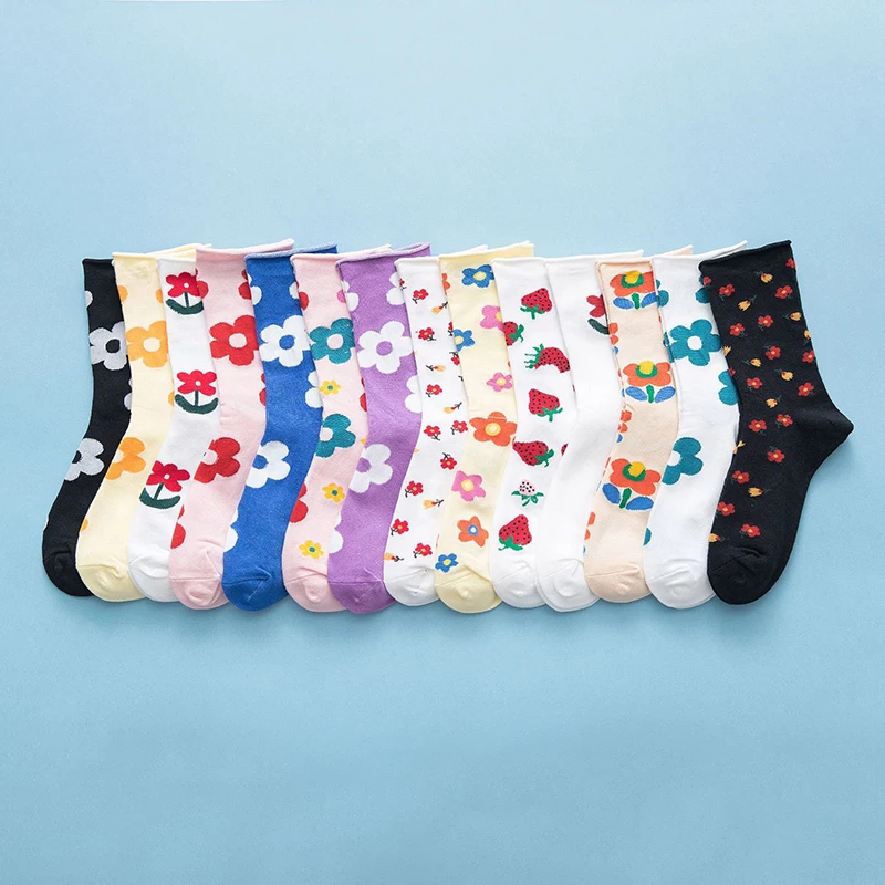 Цветок в Корейском стиле носки женские Харадзюку длинные хлопковые носки ботильоны забавные носки уличная Calcetines Hombre осень