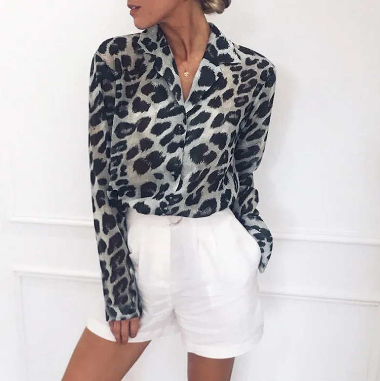 

Hot Blusa Spring and Autumn Long Sleeve Casual Leopard Print V-neck Chiffon Ladies Tops Women Blouses Modis Snake Print Shirt