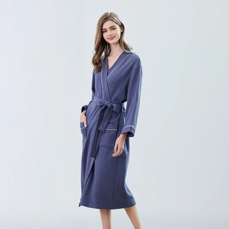 2021 Blue Ladies Summer Women Sleep Robe Long Sleeve Bathrobe Sleepwear With Belt Female Kimono