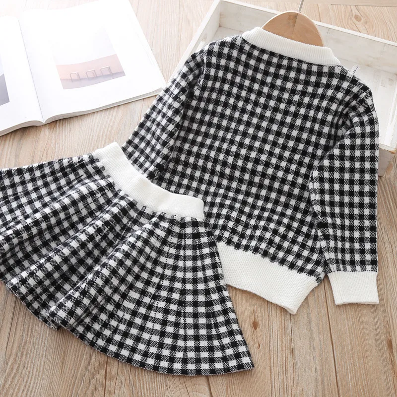 Комплекты модной одежды для девочек Детский свитер с длинными рукавами+ клетчатая юбка комплект из двух предметов осенне-зимний теплый свитер