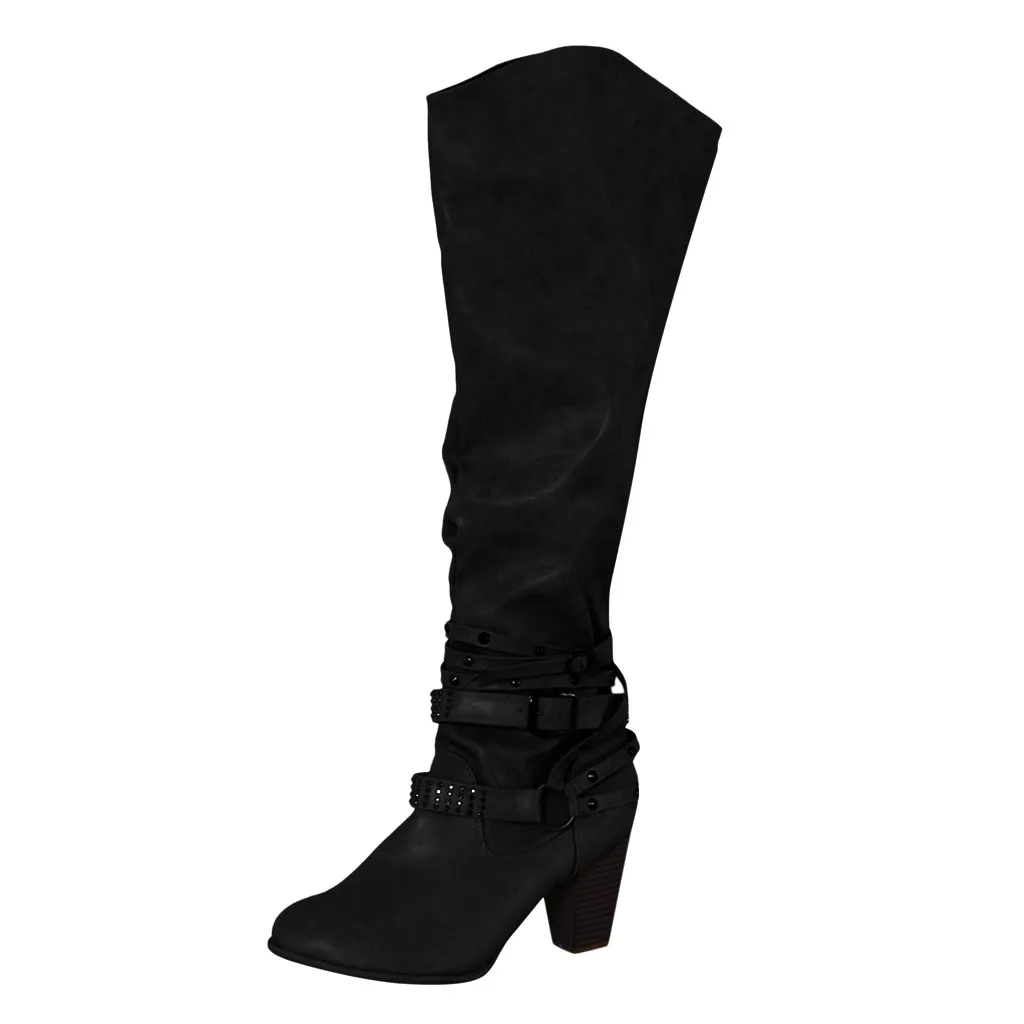 Spring Winter New Womens Leather Rivets Strap Knee-High Buckle Shoes Cowboy Wedges Slip-On Boots black shoes woman#O17