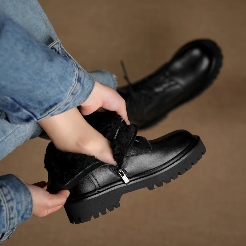 

Boots Women Russia Winter Wool Liner Women Boots Black Lace Up Martin Boots Genuine Leather Platform Shoes Non-slip Snow Boots