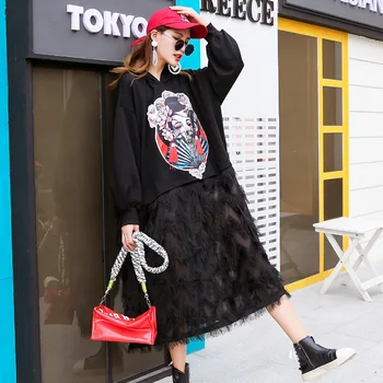 

Spring Cartoon GIRL patch hoodies Sweatshirt Dress Women Long Sleeve Casual Plus Size Dress Women Mesh Spliced Vestiods LT006S30