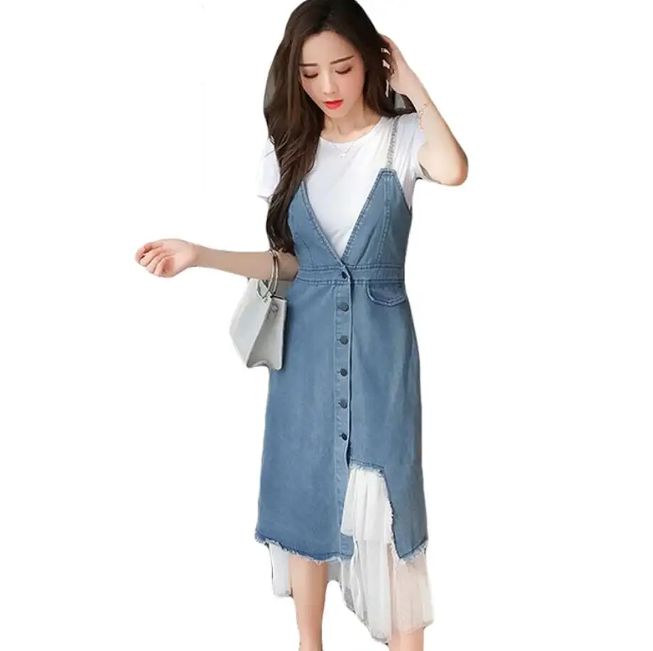 single breasted spaghetti strap denim dress