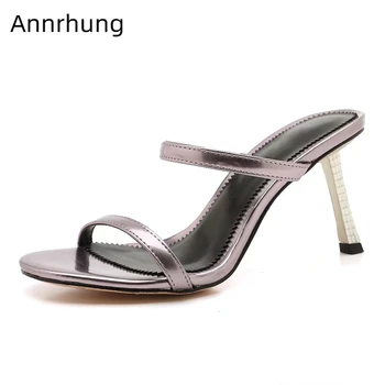 

Concise One-strap Patent Leather Shoes Woman Jeweled Crystal Thin Heel Open Toes Rhinestone Heel Slippers Women