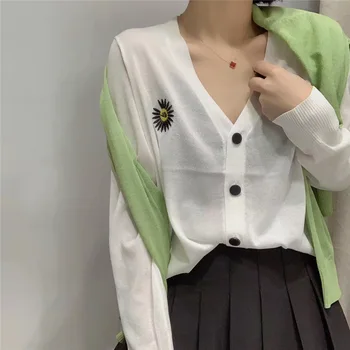 

Embroidered Daisy Viscose Fiber V-neck Long Sleeve Thin Cardigan Jacket Women's Knit Sweater Loose Sun-Proof Clothing Outdoor