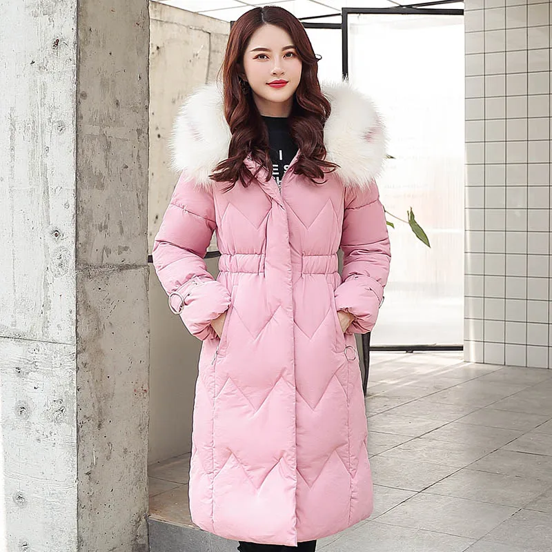 Розовый X-long parkas зимняя женская куртка-25 градусов тонкий толстый теплый зимний большой меховой воротник с капюшоном куртка пальто парки верхняя одежда куртка - Цвет: Розовый