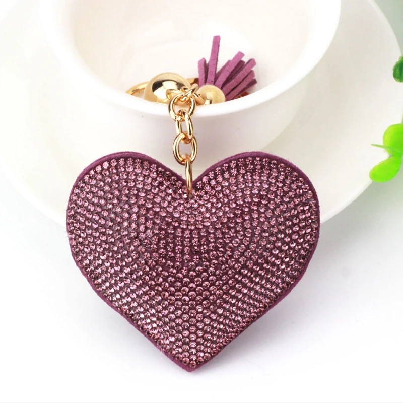 Fashion Keychain Heart Shape Female Full Glass Beads Key Covers Mosaic Leather Fringed Key Chain Car Ring Cap Gift - Color: 16