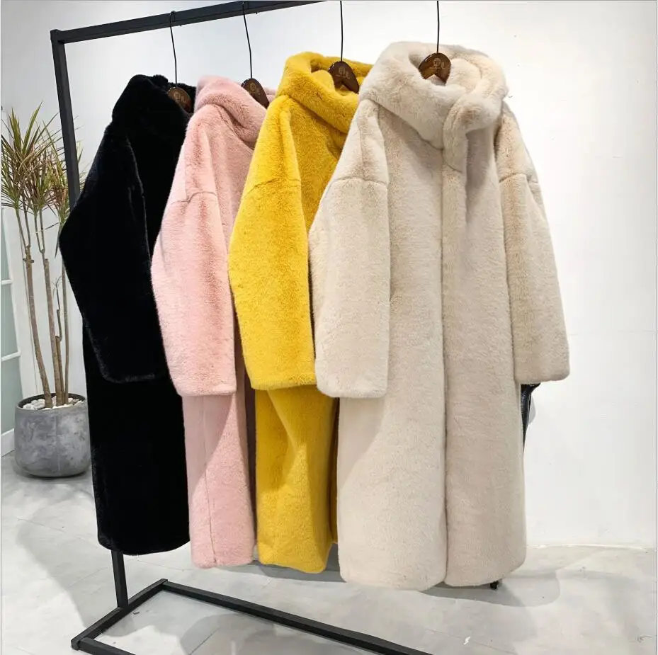 

Winter Women High Quality Faux Rabbit Fur Coat Luxury Long Fur Coat Loose Lapel OverCoat Thick Warm Plus Size Female Plush Coats
