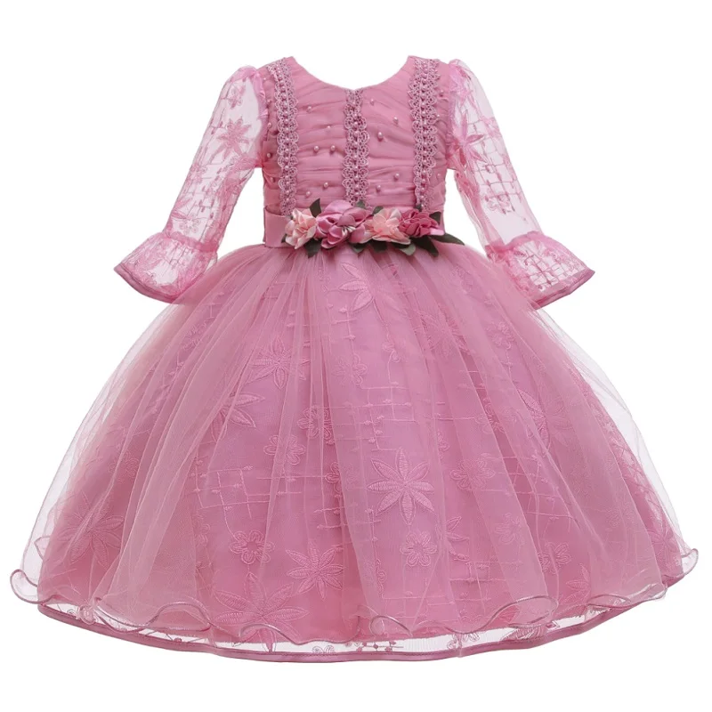 Новогоднее платье для девочек, одежда вечерние свадебные платья принцессы с вышивкой бисером для девочек, Школьное вечернее платье для выпускного вечера 12 лет - Цвет: Bean paste pink