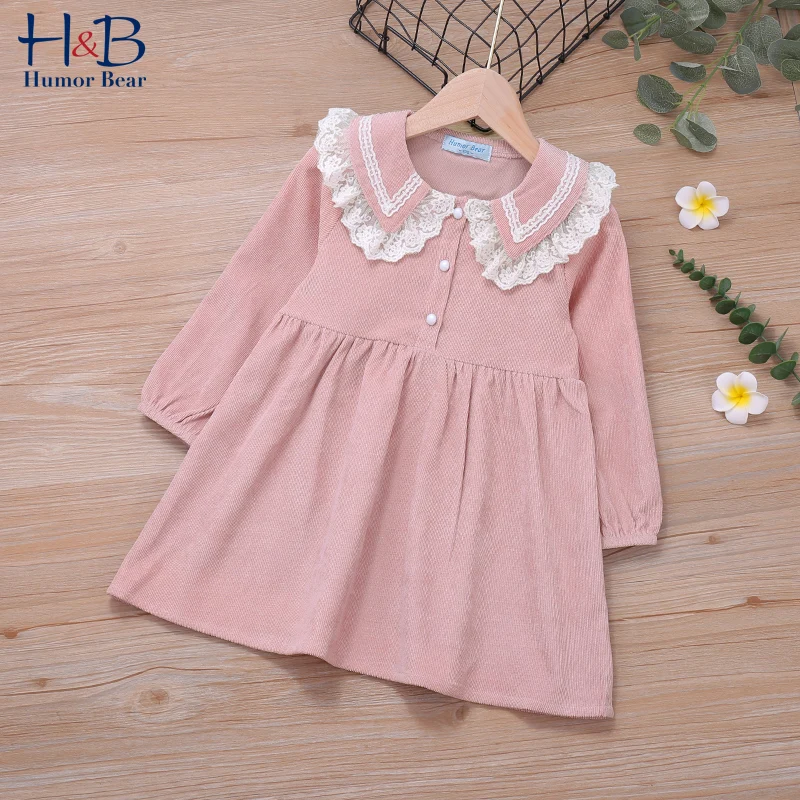 

Humor Bear Girls Dress Autumn Winter Lace Collar Long Sleeve Solid Printed Dresses Sweet Children Princess Dress For 2-6Y