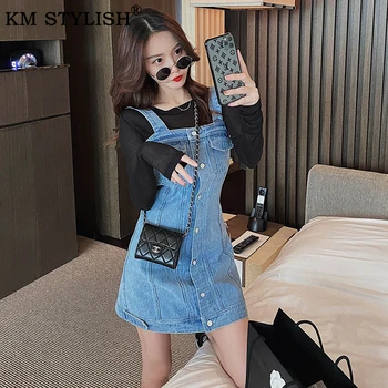 

Spring Summer 2020 New Casual Women's Two-Piece Sets Blue Denim Slim Mini Dress With Pockets Black Cotton T-shirt Suits Clothes