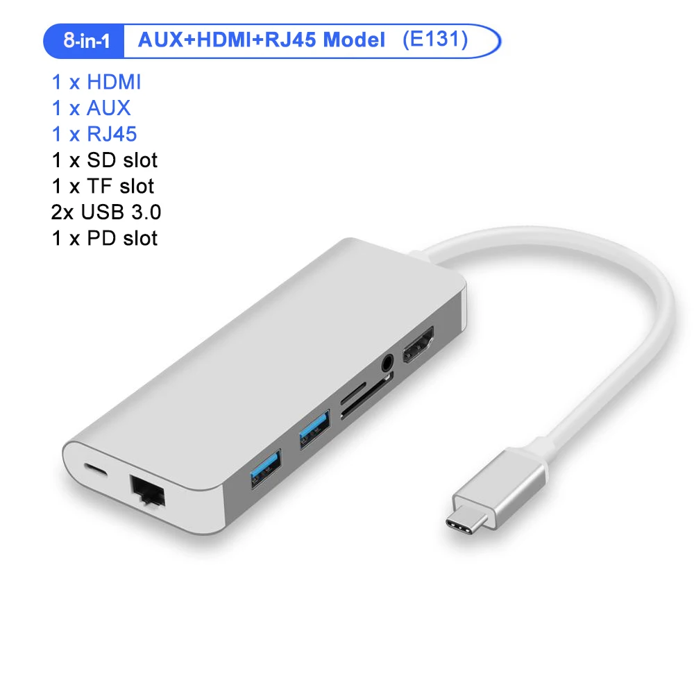 GOOJODOQ Мульти USB C концентратор к HDMI VGA Gigabit Ethernet RJ45 адаптер для MacBook Pro кард-ридер разветвитель USB 3,0 type C PD порты - Цвет: 8-in-1 HDMI RJ45 AUX