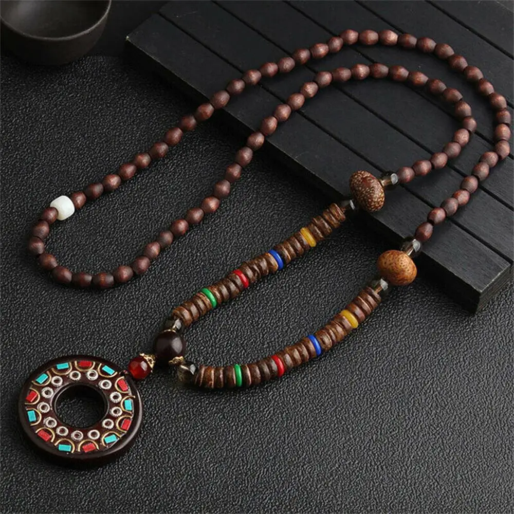Unisex Handmade Long Necklace Nepal Buddhist Mala Wood Beads Pendant Peace Necklace Hippie Style Ethnic Men Women Lucky Jewelry 2