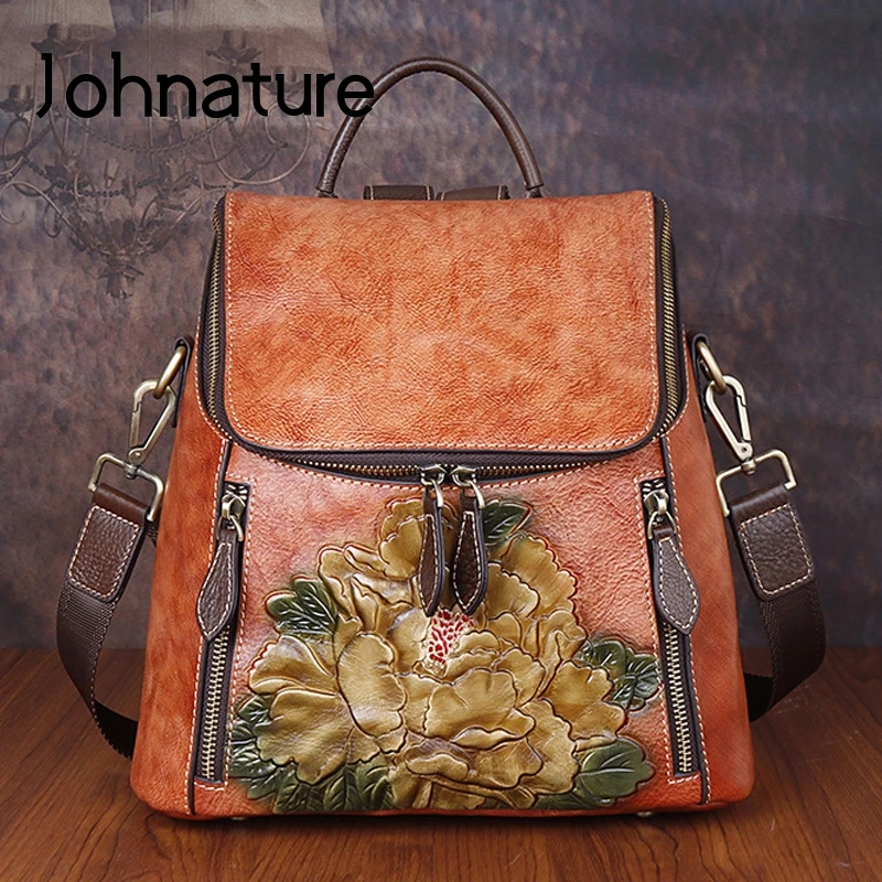 Luxury Backpack Large-Capacity Genuine-Leather Women Johnature Floral Cowhide Retro High-Quality