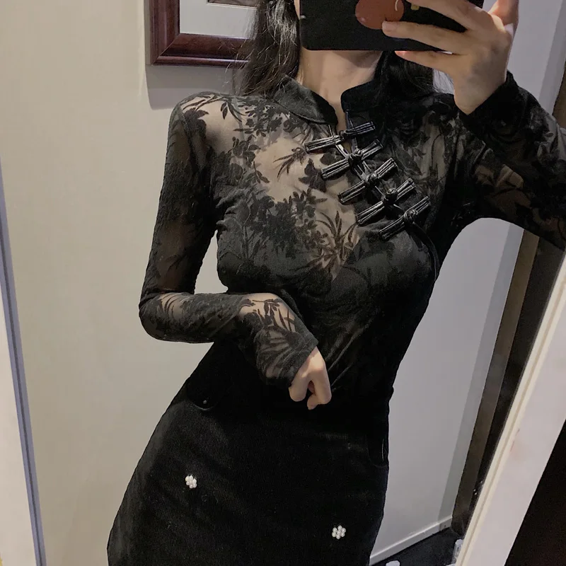 Girls Transparent Lace Blouses Shirts Tees Female Chinese Style Turtleneck Vintage Full Sleeve Black Blouses Tops For Women 6