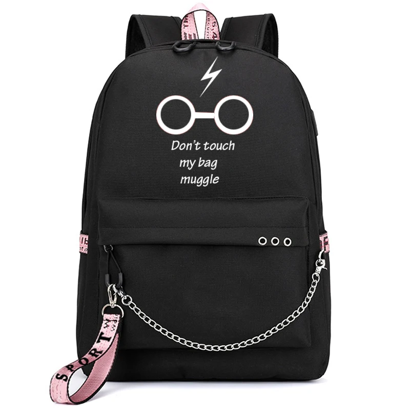 Модный холщовый рюкзак с USB зарядкой для девочек, студенческий рюкзак с буквенным принтом, школьная сумка для девочек-подростков, дорожный рюкзак с лентами - Цвет: Черный