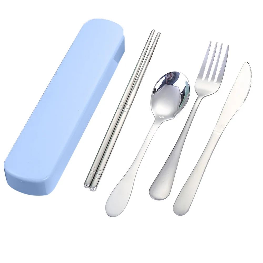 4 шт многоразовые столовые приборы комплект переносной посуды палочки вилка ложка набор столовых приборов Кемпинг путешествия набор серебряных изделий - Цвет: Blue 4 pcs