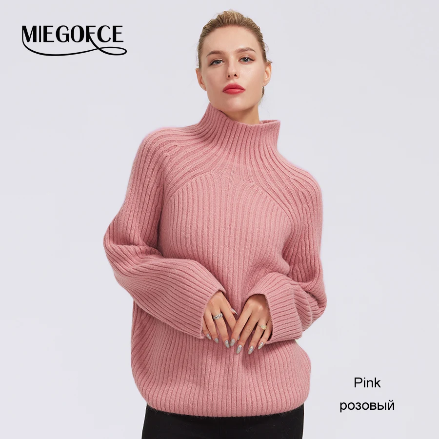 Miegofce women's winter autumn semi-sweater women's high collar sweaters female knitted solid color polyester sweater - Цвет: 106-Pink