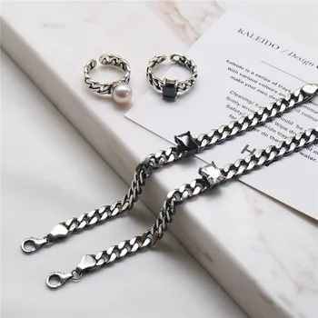 

RUIYI 925 Sterling Silver Korean Fashion Square Agate Retro Weaving Chain Bracelets Women Black White Onyx Chic Niche Bracelets