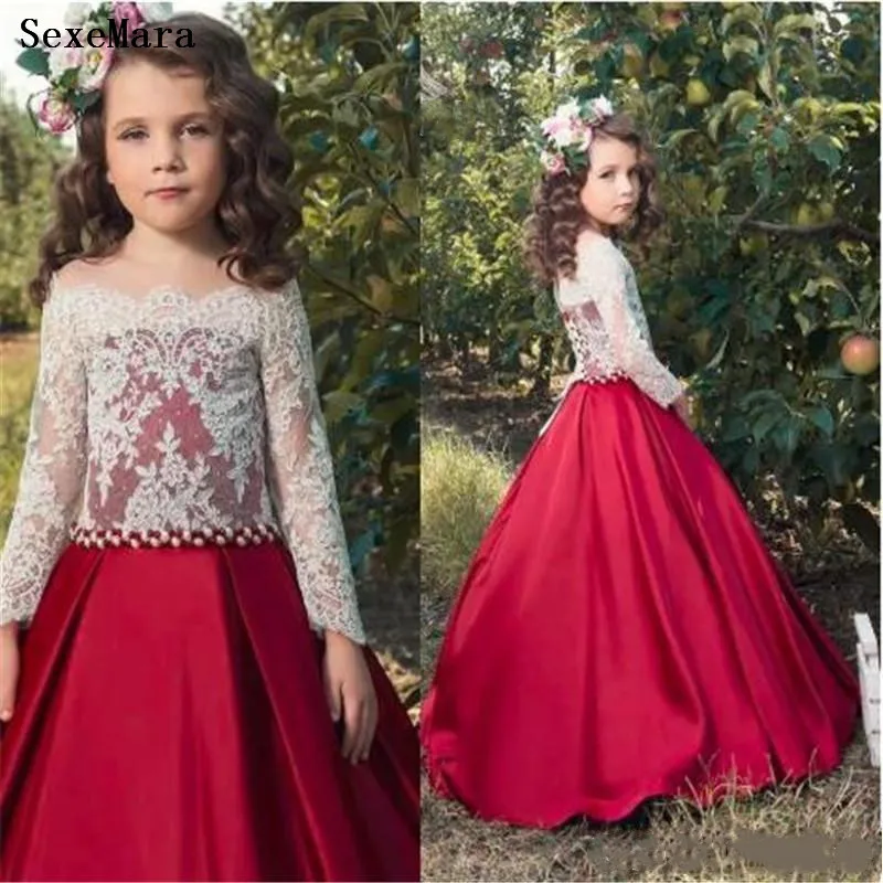 Schattige Aanpassen Meisjes Jurk Wit Kant Crop Rood Satijn Bloem Meisje Jurken Lange Formele Kids Party Verjaardag Jurk Pageant Gown Schattige Aanpassen Meisjes Jurk Wit Kant Crop Rood Satijn Bloem Meisje Jurken Lange Formele Kids Party Verjaardag Jurk Pageant Gown