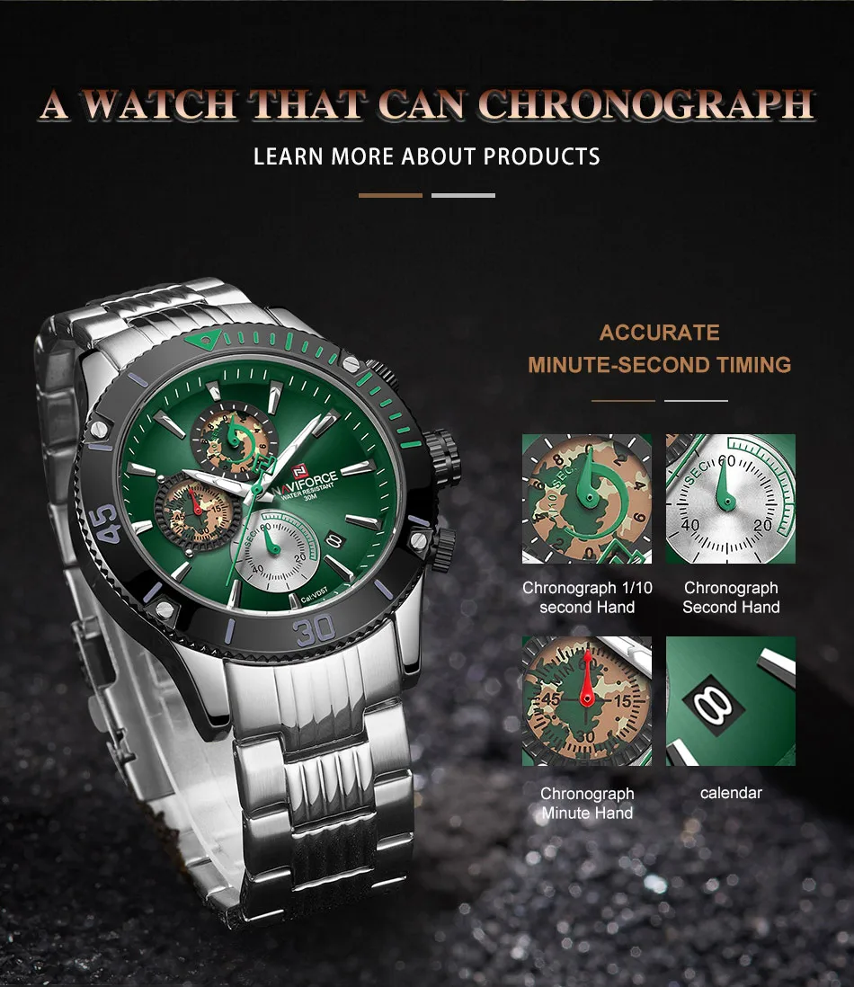 Top Luxury Brand NAVIFORCE Men Watch Fashion Silver Green Mens Quartz Watches Male Stainless Steel Sport Waterproof Wristwatches
