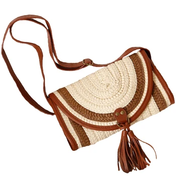 

NEW-Handmade Bali Beach Bags Women Summer Island Straw Knitted Handbag Crossbody Wicker Bag Woven Flap Bag(Brown)