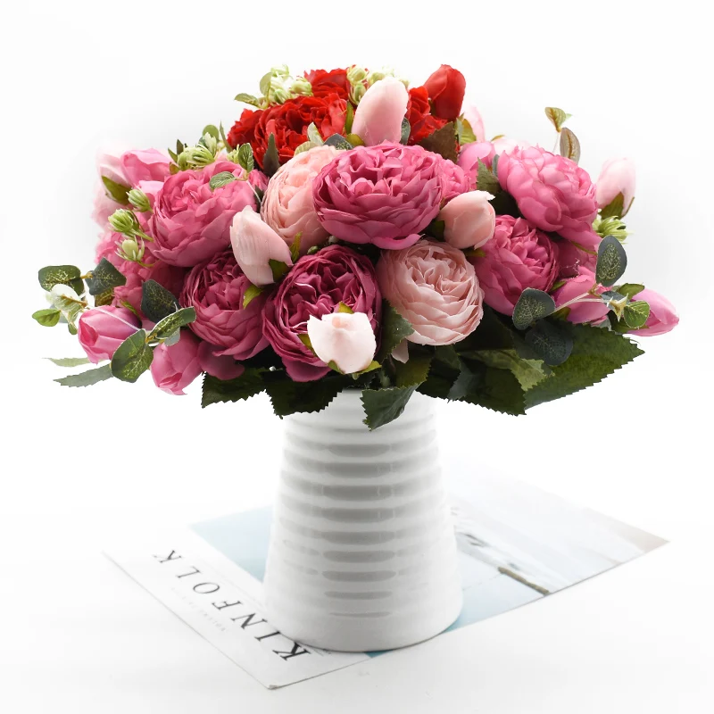 Silk Peony Bouquet Artificial-Flowers Fake-Plants Rose Pink Wedding-Decoration Cheap