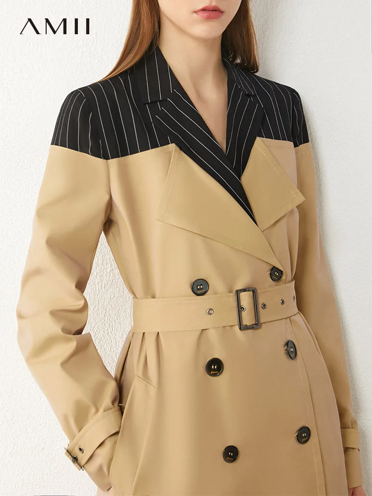 Amii Minimalism Autumn Winter Fashion Women's Trench Coat Causal Spliced Lapel Belt Temperament Women's Windbreaker 12040554